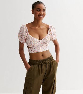 White Broderie Ditsy Floral Cut Out Crop Top New Look