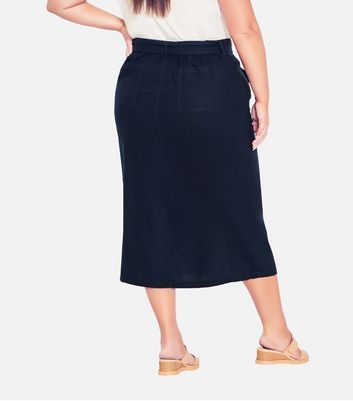 Curves Navy Linen Blend Midi Skirt New Look