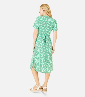 Green Floral Short Sleeve Wrap Midi Dress New Look