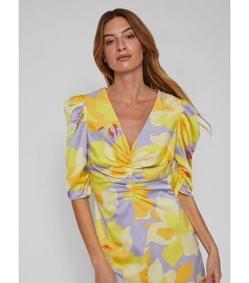 Yellow Floral Ruched Midi Dress New Look