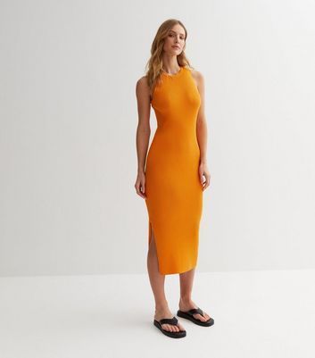 Bright Orange Ribbed Split Bodycon Midi Dress New Look