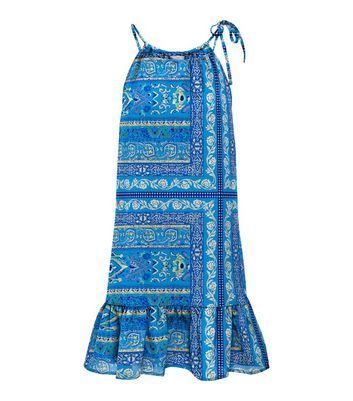 Blue Abstract Patchwork Strappy Mini Dress New Look