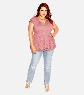 Curves Pink Lace Peplum Top New Look