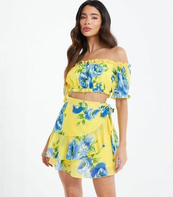 Pale Yellow Floral Wrap Mini Skirt New Look