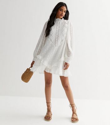 White Embroidered Mini Smock Dress New Look