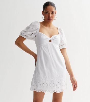 White Broderie Twist Front Mini Dress New Look