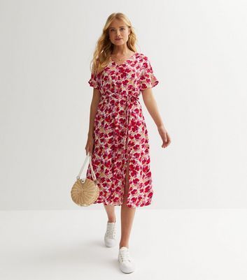 Red Floral Belted Midi Dress New Look