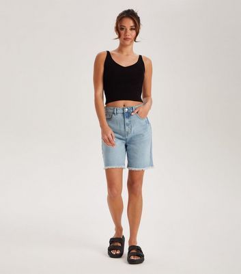 Blue Denim Frayed Shorts New Look