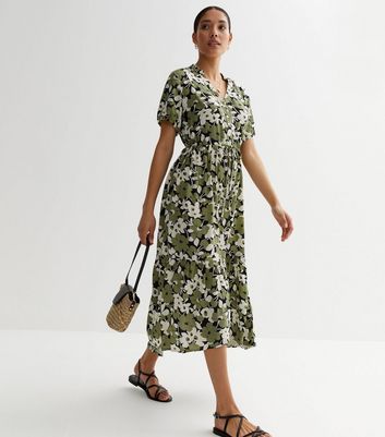 Green Floral Asymmetric Midi Shirt Dress New Look