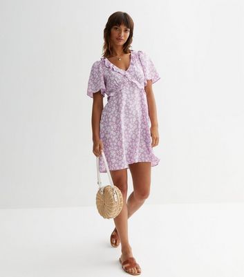 Lilac Floral Frill Mini Dress New Look