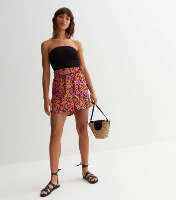 Multicoloured Floral High Waist Belted Shorts New Look