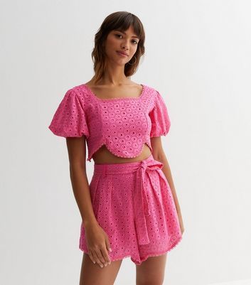 Pink Broderie Puff Sleeve Crop Top New Look