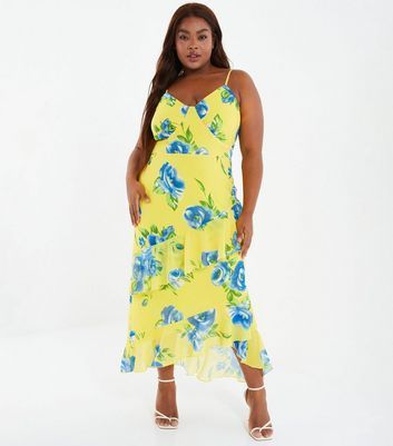 Curves Yellow Floral Frill Strappy Midaxi Dress New Look