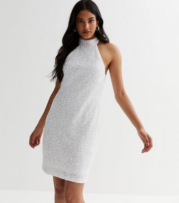 White Sequin Halter Neck Mini Dress New Look