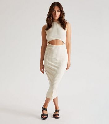 Cream Ribbed Cut Out Midi Dress New Look