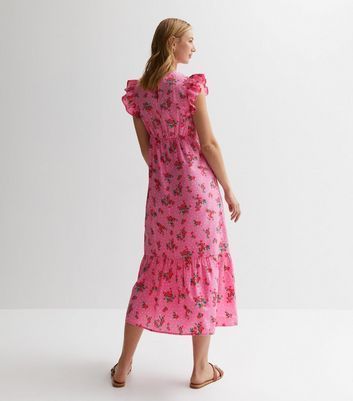 Pink Floral Spot High Neck Tiered Hem Midi Dress New Look