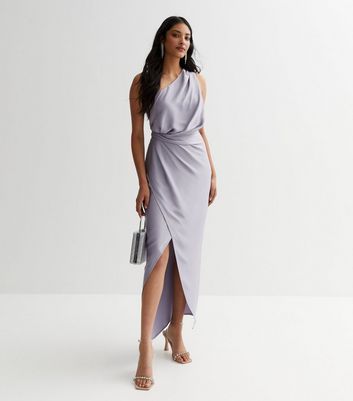 Pale Grey Satin One Shoulder Ruched Maxi Dress New Look