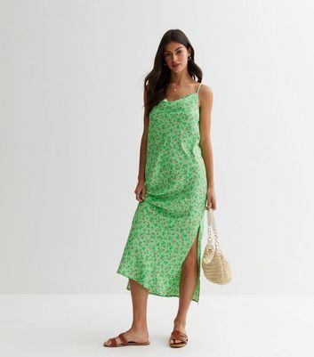 Green Ditsy Floral Satin Strappy Midi Dress New Look