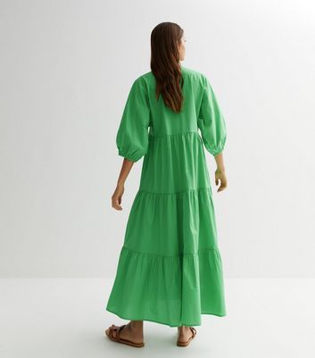 Green Puff Sleeve Tiered Maxi Dress New Look