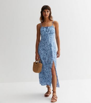 Blue Abstract Tie Front Maxi Dress New Look