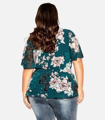 Curves Green Floral Wrap Top New Look