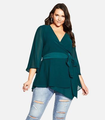 Curves Green Tie Front Top New Look