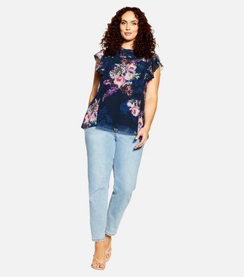 Curves Navy Floral Frill Sleeve Top New Look
