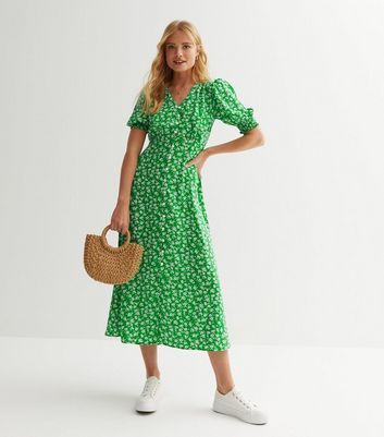 Green Floral Button Front Midi Dress New Look