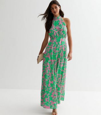 Green Floral Halter Maxi Dress New Look