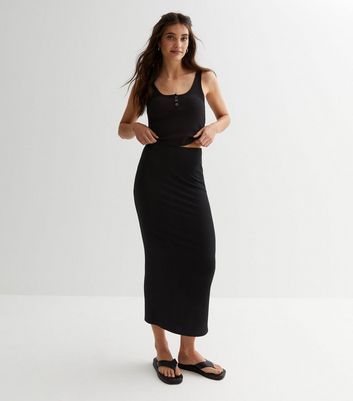 Black Ribbed Bodycon Midaxi Skirt New Look