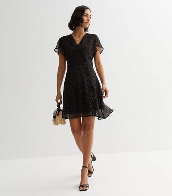 Black Ditsy Print Frill Sleeve Mini Dress New Look