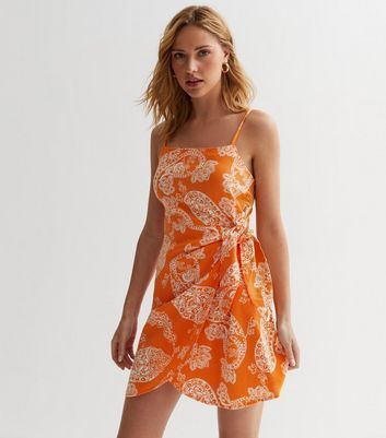 Orange Paisley Wrap Mini Dress New Look