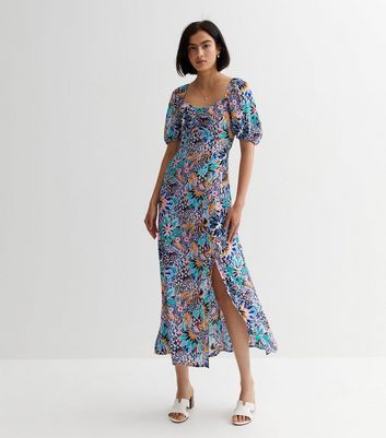 Blue Floral Puff Sleeve Midaxi Dress New Look