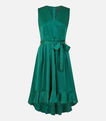 Dark Green Satin Dip Hem Midi Wrap Dress New Look