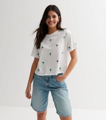 White Palm Tree Embroidered Cotton Boxy T-Shirt New Look