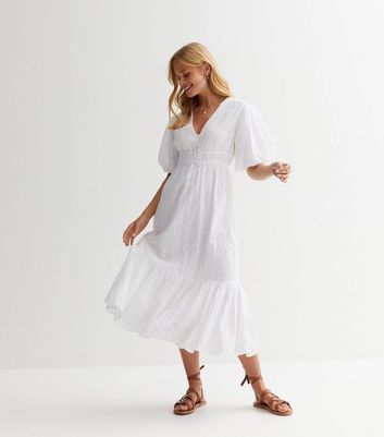 White Cotton Broderie Button Front Midi Dress New Look