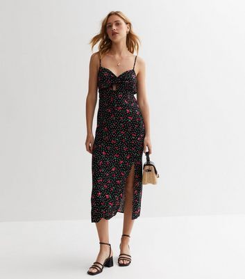 Black Cherry Print Split Hem Midi Dress New Look