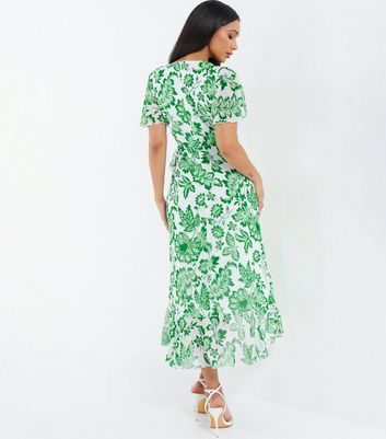 Green Floral Wrap Midi Dress New Look