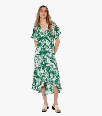 Green Palm Print Midi Wrap Dress New Look