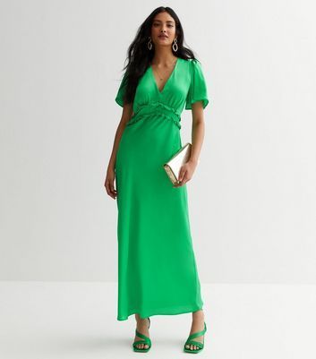 Green Puff Sleeve Frill Midaxi Dress New Look