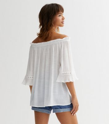Off White Tie Front Bardot Top New Look