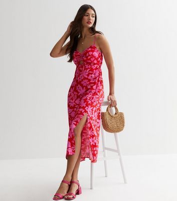 Pink Floral Ruched Front Strappy Midaxi Dress New Look