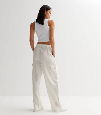 White Linen Blend Cargo Trousers New Look