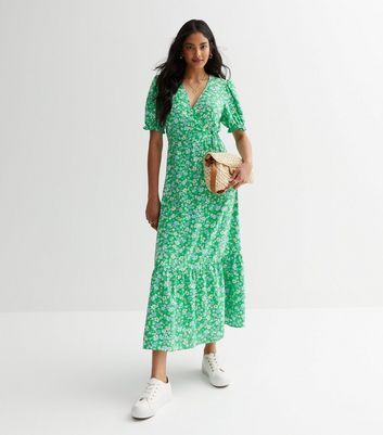 Green Floral Puff Sleeve Wrap Midi Dress New Look