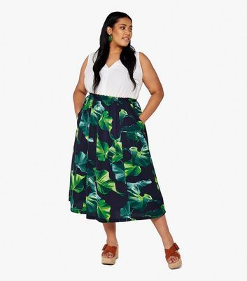 Curves Navy Banana Leaf Midi Skirt New Look