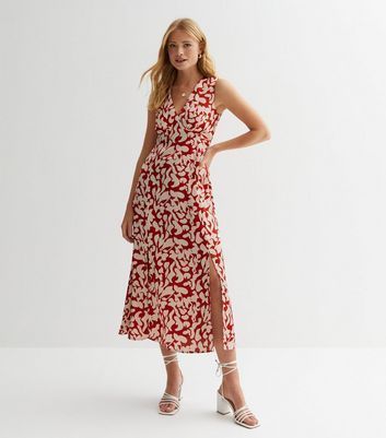 Red Abstract Split Hem Midaxi Dress New Look