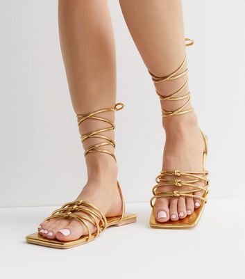 Gold Tie Strap Square Toe Flat Sandals New Look