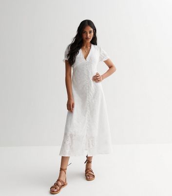 White Broderie Button Front Midaxi Dress New Look