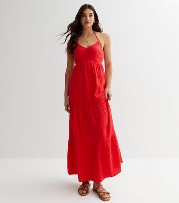 Red Cotton Strappy Halter Maxi Dress New Look