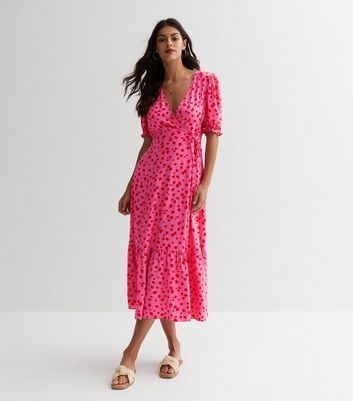 Pink Spot Puff Sleeve Wrap Midaxi Dress New Look